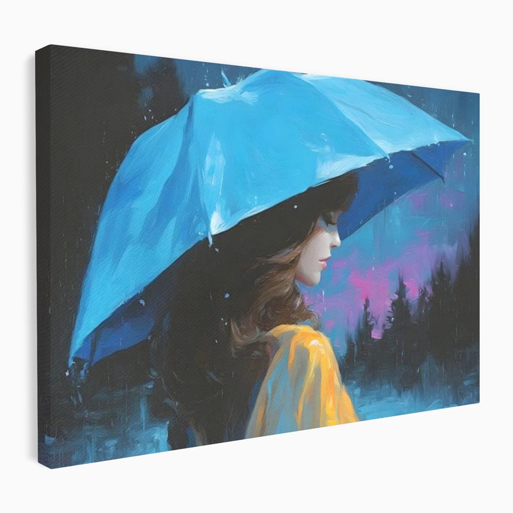 Tablou canvas cu pictura cu femeie sub umbrela albastra, fara rama, pe sasiu de lemn